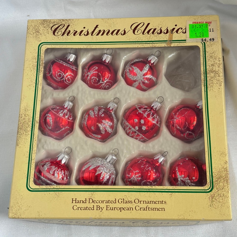 VTG Christmas Classics Glass Ornaments Hand Decorated Red Silver Glitter Set 11
